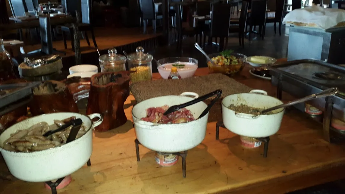 Breakfast laid out in chafing dishes at the lodge