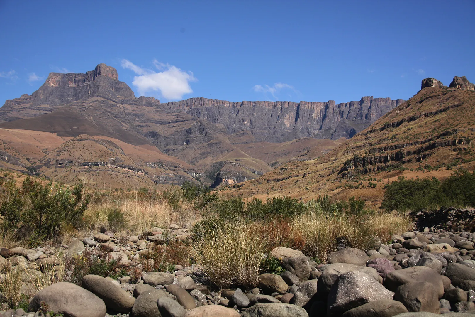 The Amphitheatre wall of the Drakensberg rising above the foothills