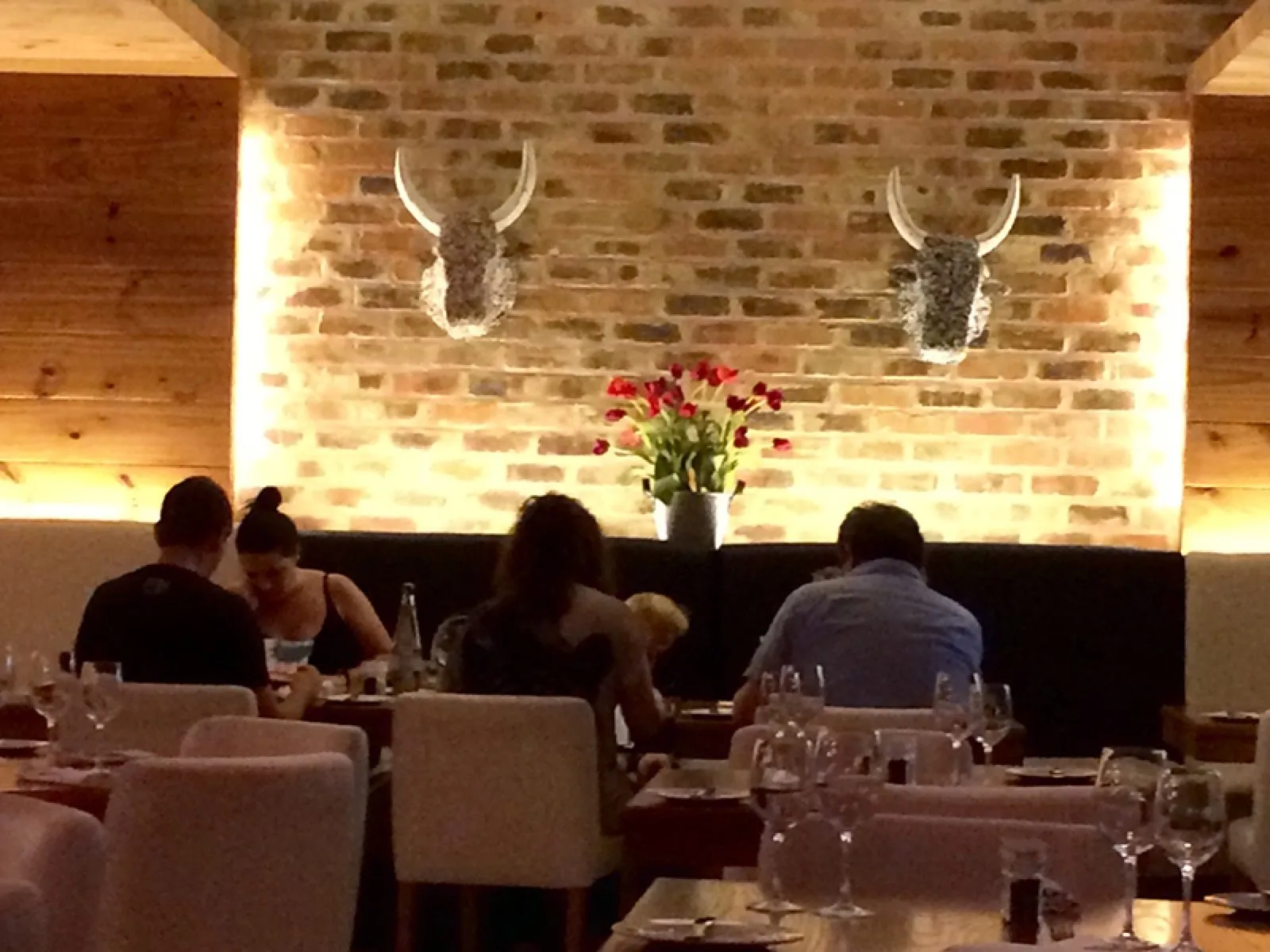 The dining room under mounted stag heads