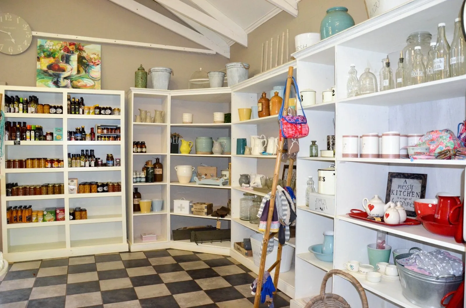 Shelves of preserves and produce