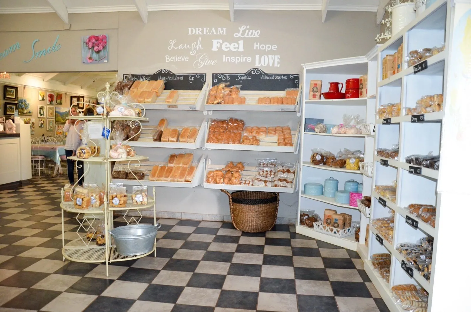 The shop shelves above a checkerboard floor