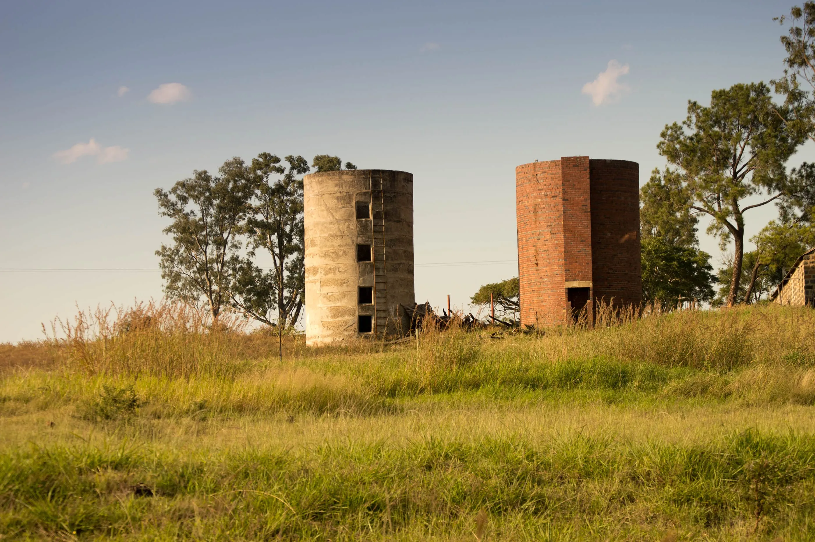 Two derelict farm silos standing in the veld, left from the reserve's farming days