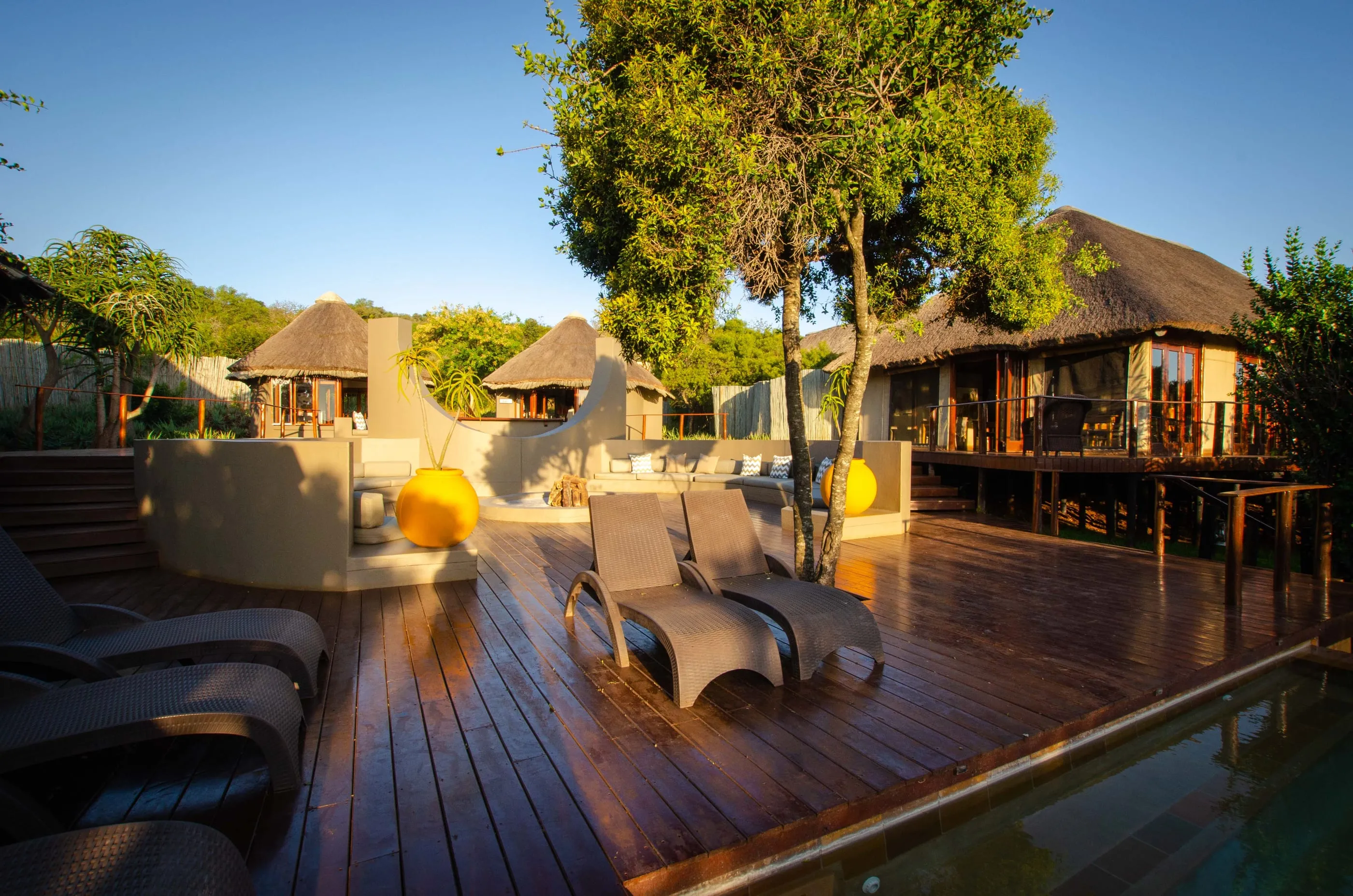 Thanda's lodge deck and rim-flow pool at dusk, lit warm against the bush