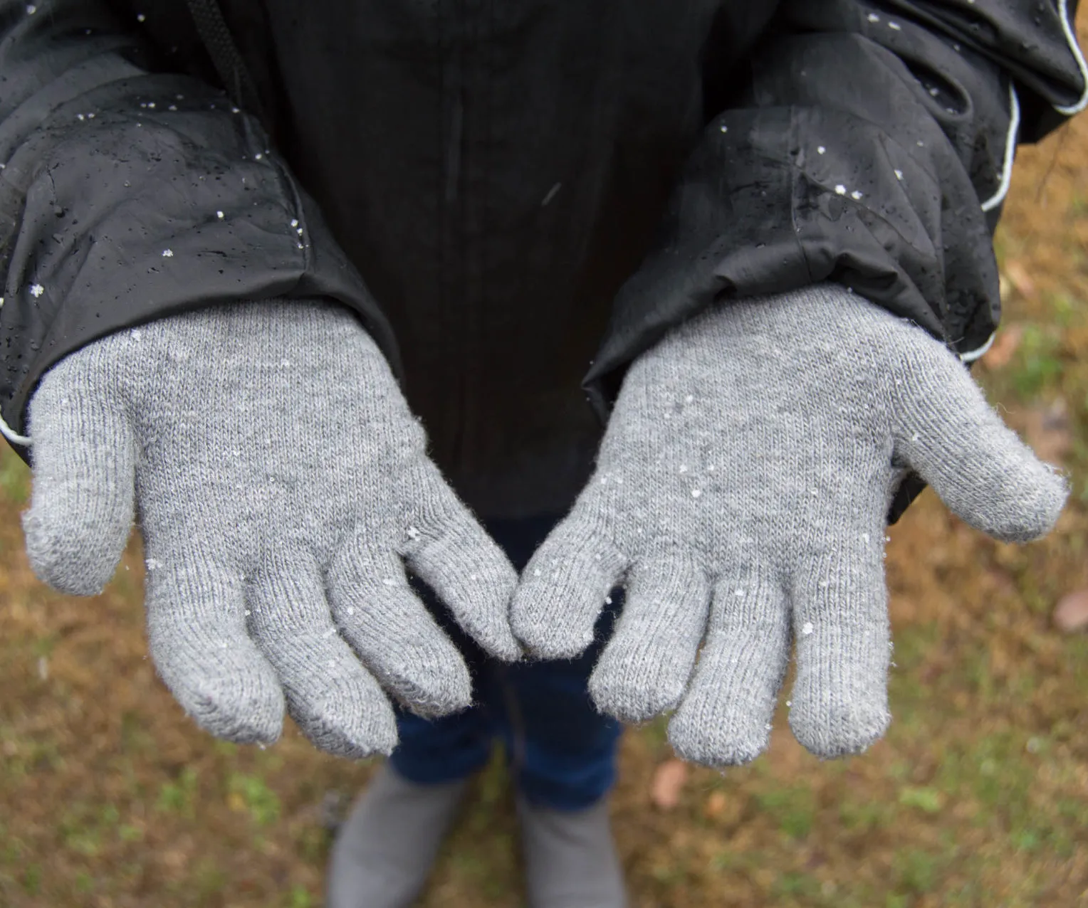 Snowflakes caught in a pair of woollen gloves held out to the camera