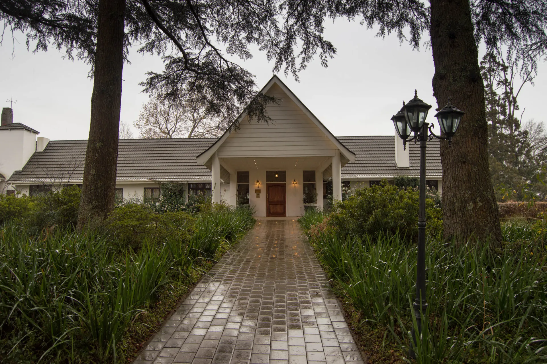 The lodge at the end of a paved path, framed by bare winter trees