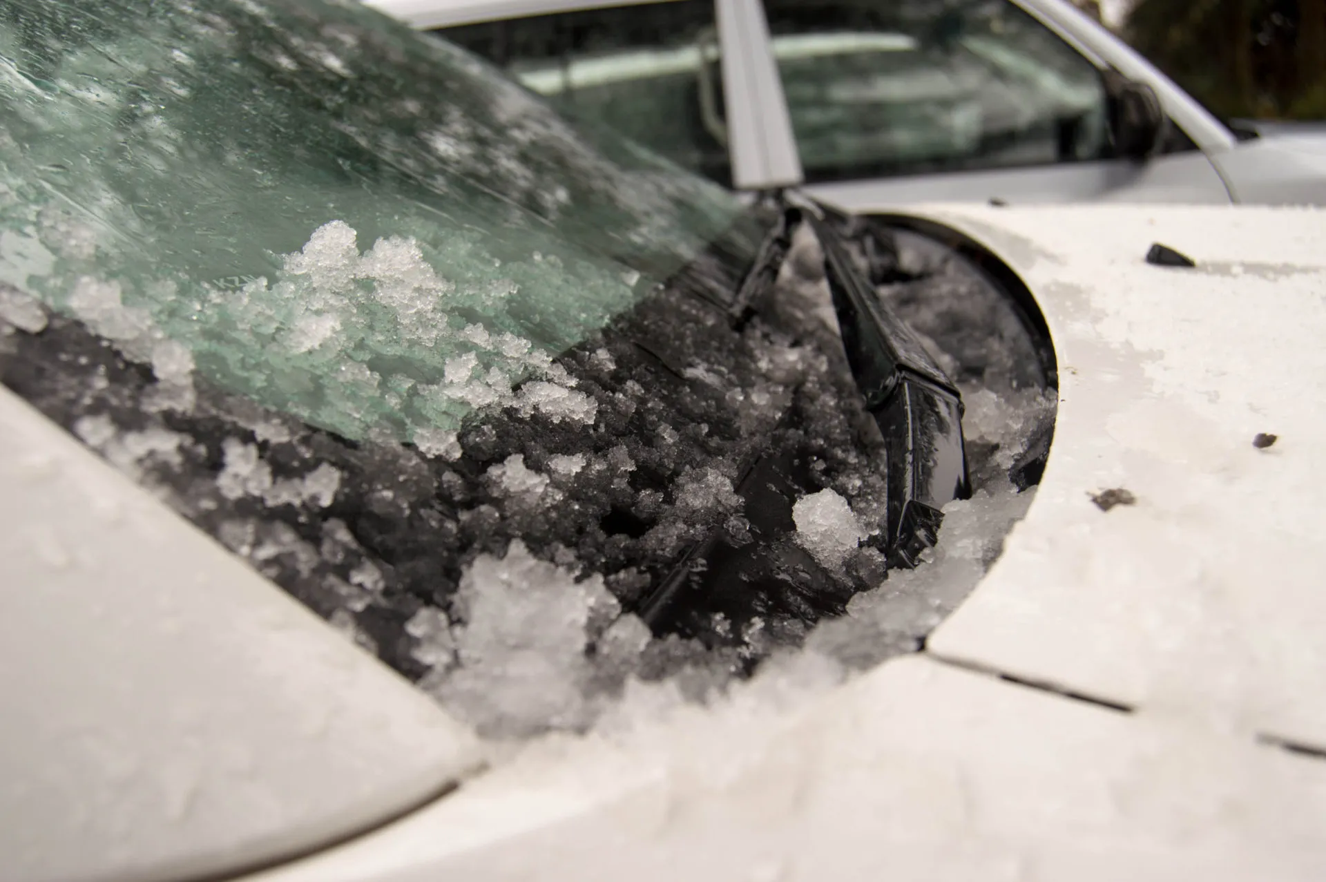 Fresh snow gathering on the windscreen of the car