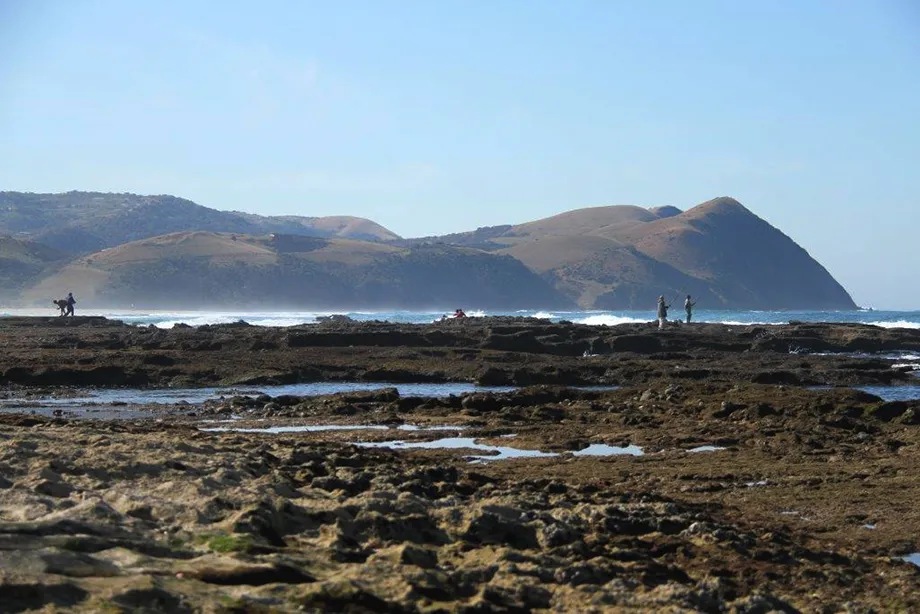 The rocky shoreline running away under the hills