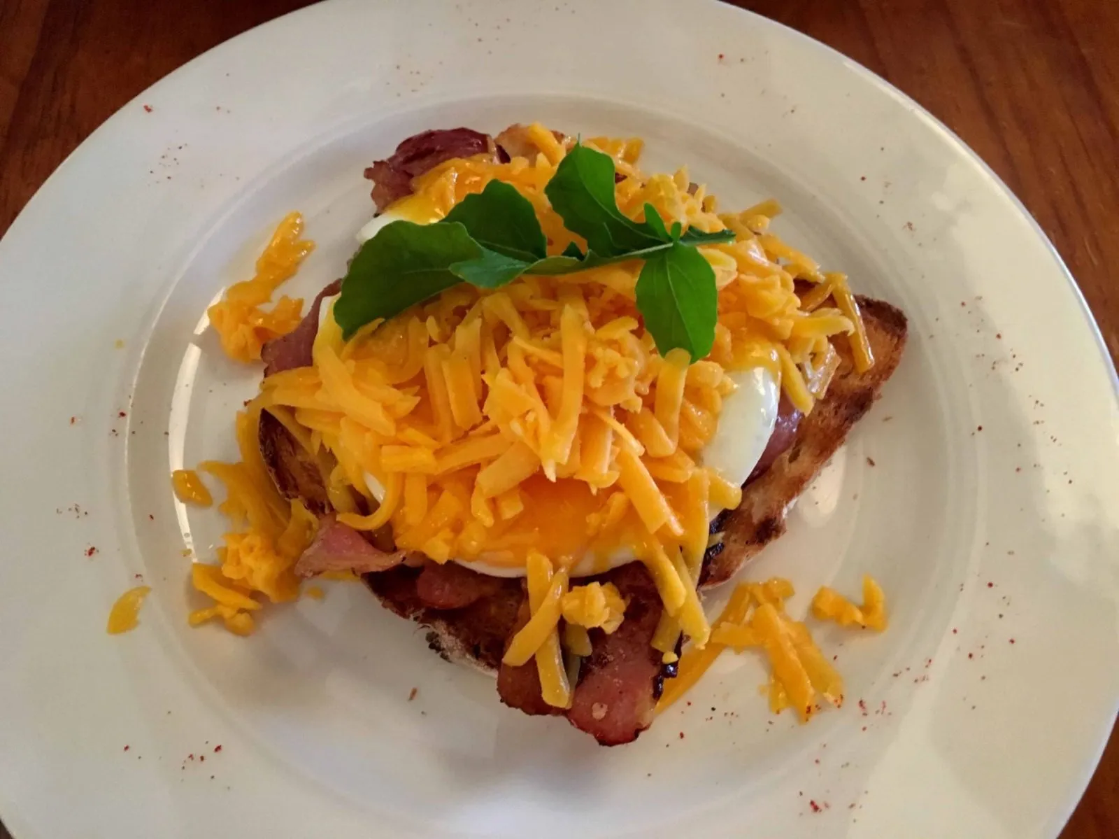 Eggs and bacon under melted cheese