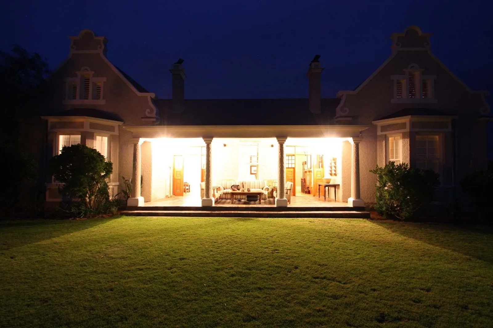 The lodge lit up at dusk