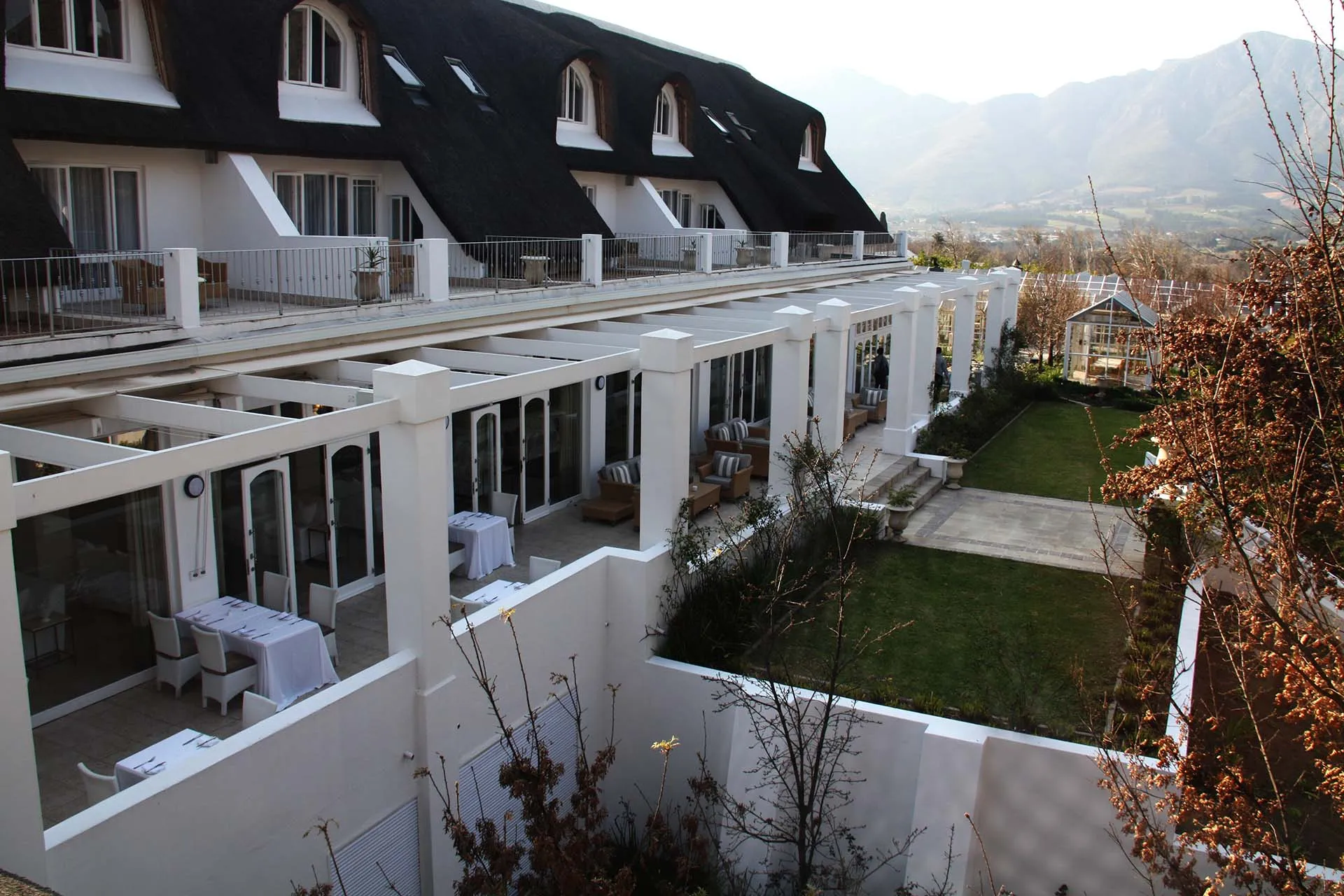 A wing of the hotel running along the garden