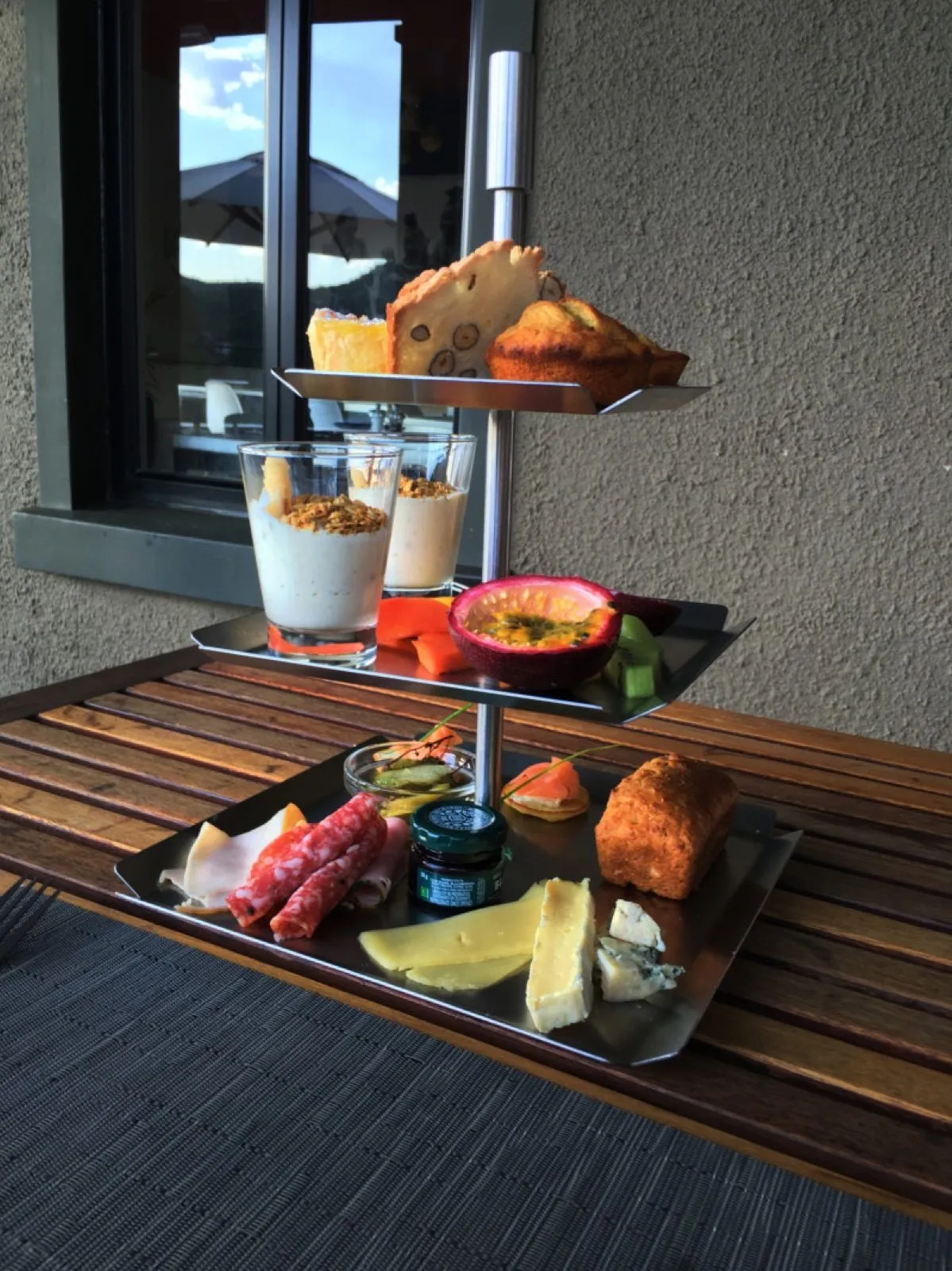 A breakfast tray out by the pool